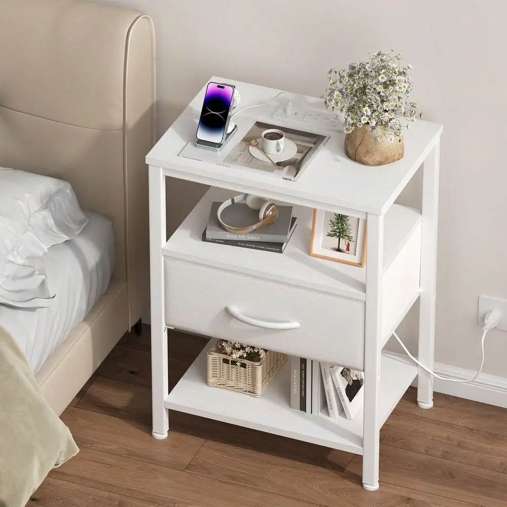 

Nightstand With Charging Station, Bedside Tables With USB Ports And Fabric Drawer, Small Night Stand With Open Adjustable Shelf