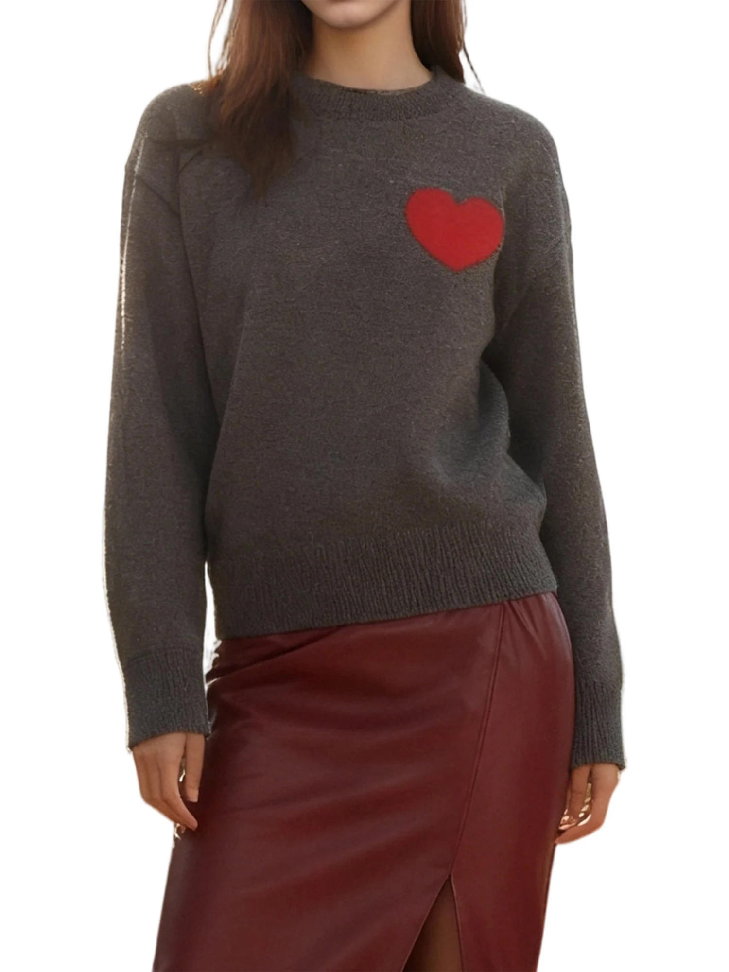 

Women s Autumn Loose Sweater Heart Pattern Long Sleeve Round Neck Knitwear Pullover