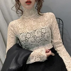 Women's Lace Turtleneck Grenadine Tight Lace Shirt Sexy Top Blusas Ropa De Mujer