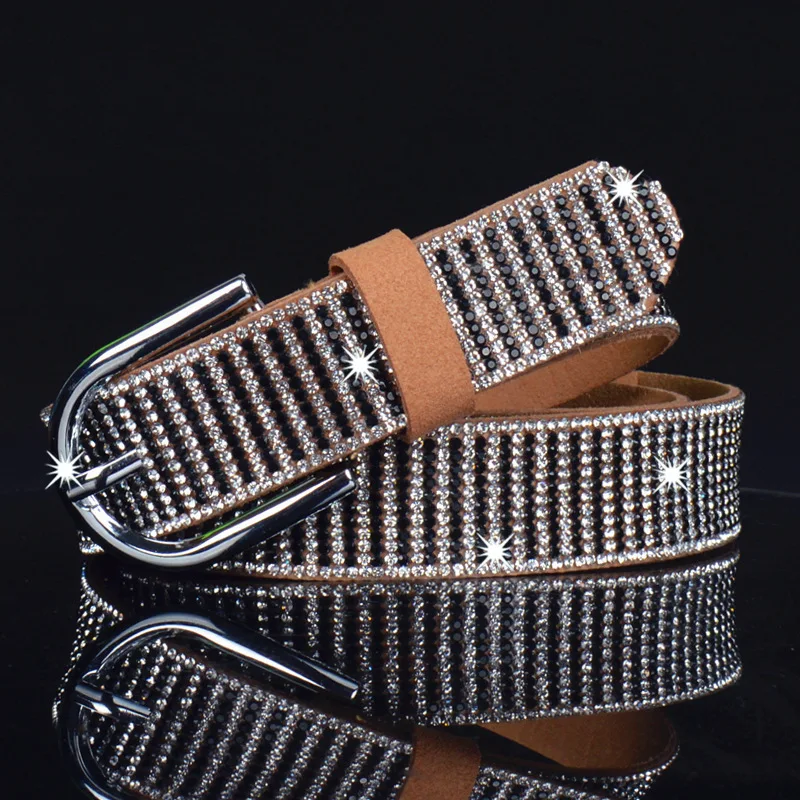 

Korean Flocking Leather Full Rhinestone Women Belt Fashion Punk Hiphop Jeans Causal Pants Belt for Ladies