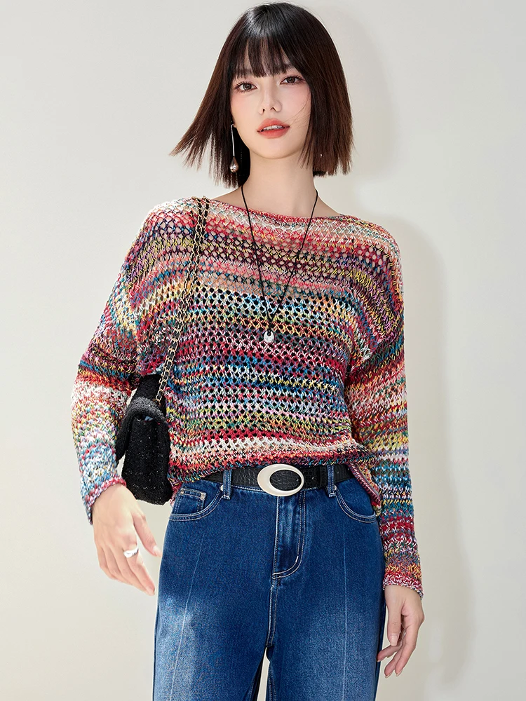 

Women Rainbow Sweater Hollowed Autumn Winter Pullover Knitted O-neck Button Long Sleeve Soft Top Female SW018