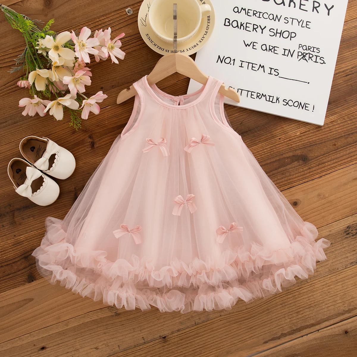 فستان عيد ميلاد للفتيات الصغيرات فساتين أطفال شبكية جديدة بدون أكمام فساتين غير رسمية مكشكشة بفيونكة حلوة للفتيات