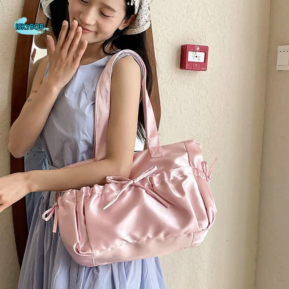 

Simple Korean Style Satin Bow Hand Bag Portable Large Capacity INS Shoulder Bag Luxury Fresh Color Fashion Underarm Bag Girls