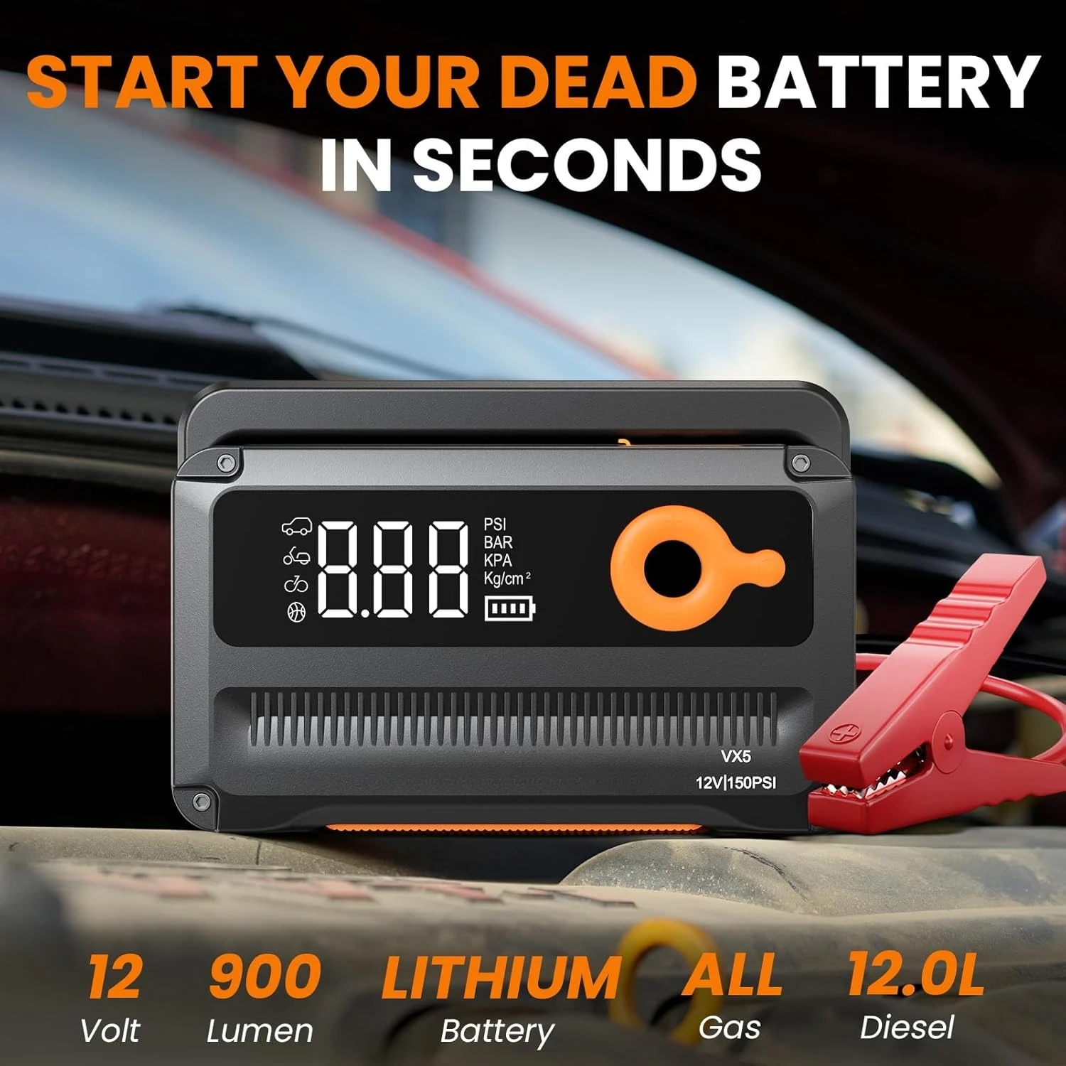 

Автомобильный аккумулятор 9-в-1, 6000 А, стартер с воздушным компрессором, 26800 мАч, 150PSI, 12 В, с автоматическим отключением, накачиватель шин, распродажа