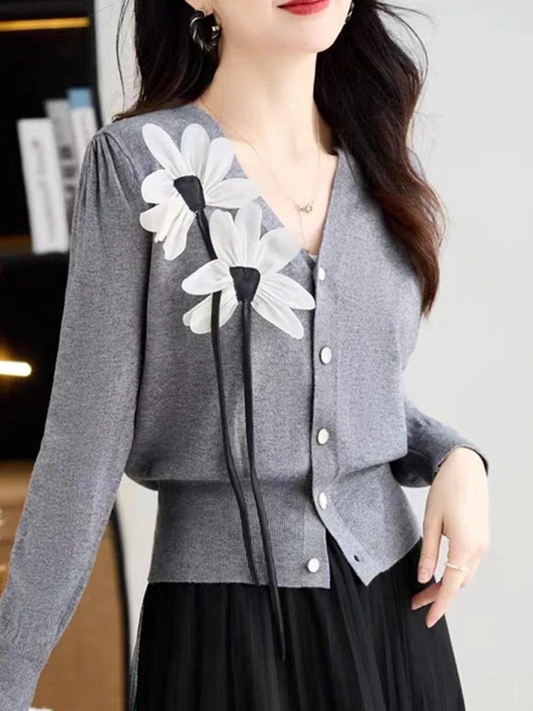 

Женский вязаный кардиган с V-образным вырезом и длинными рукавами, утягивающий, в корейском стиле, для повседневной носки, стандартный крой