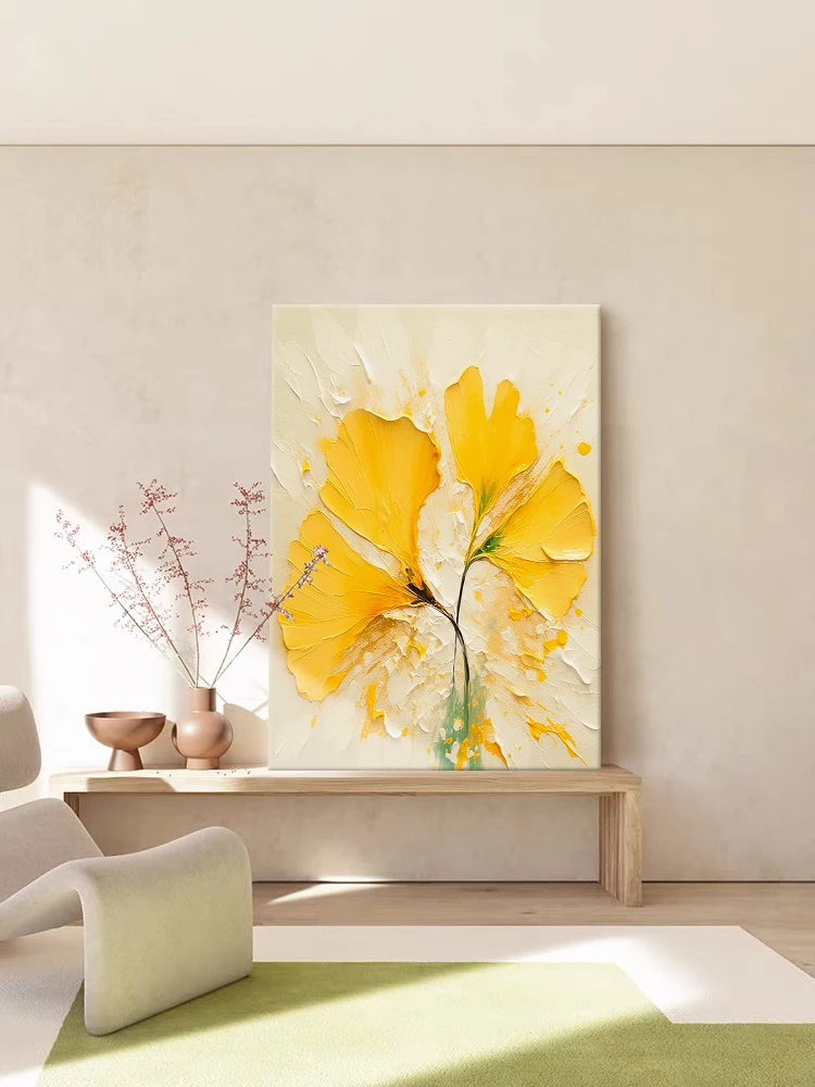 Cream wind abstract ginkgo biloba leaf texture hand-painted oil painting living room decorative painting yellow light luxury