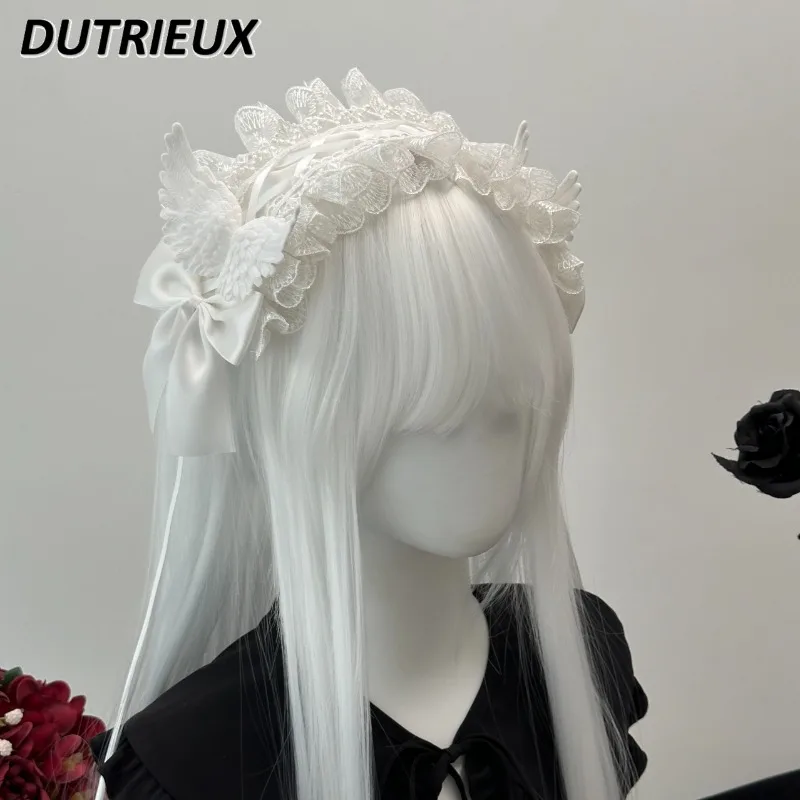 Black and White Goth Angel Wings Headband Halloween Japanese Subculture Lolita Sweet Cute Girls Lace Hair Bow Accessories