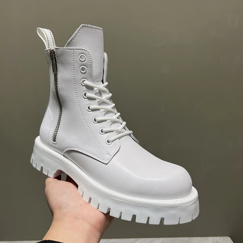 

Мужские повседневные черно-белые ботинки в стиле панк, хип-хоп, туфли из натуральной кожи, ковбойские ботинки на высокой платформе, красивые длинные мотоциклетные ботинки, мужские