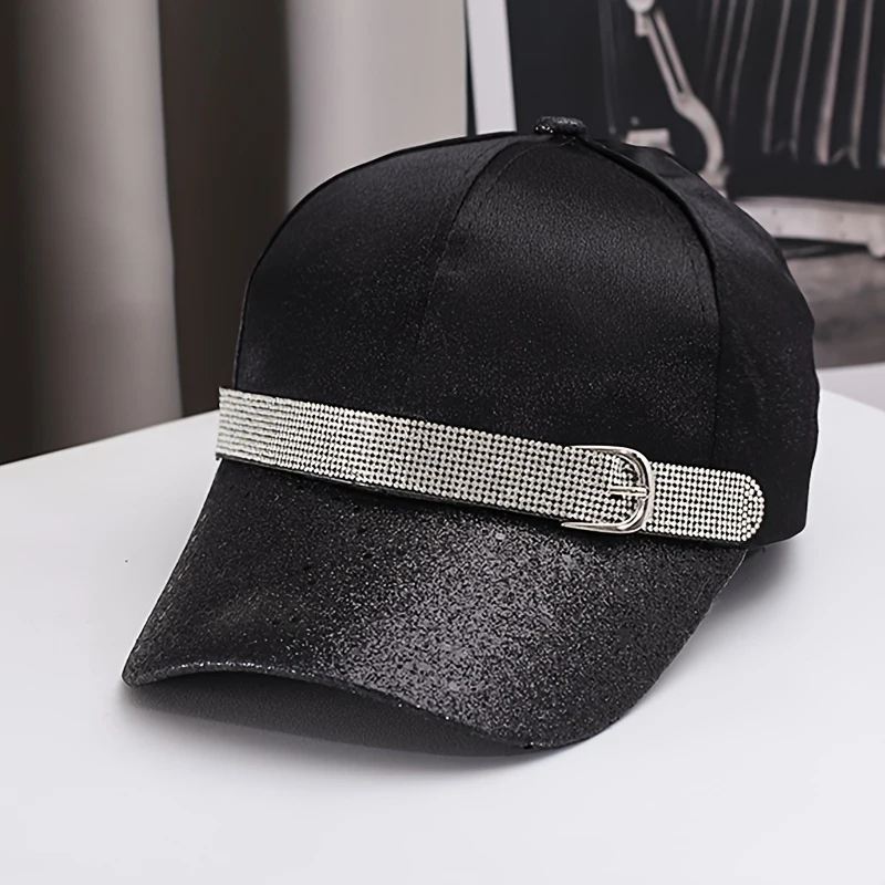 Smooth Curved Brim Rhinestone Baseball Cap Women Sequin Sun Shade Hat Belt Buckle Fashion Adjustable Summer Duckbill Hat