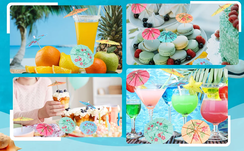 50 Stück Getränke-Regenschirme, Cocktail-Picks, hawaiianischer mehrfarbiger tropischer Sonnenschirm, Regenschirm, Cupcake-Topper für Partyzubehör – Detail 3
