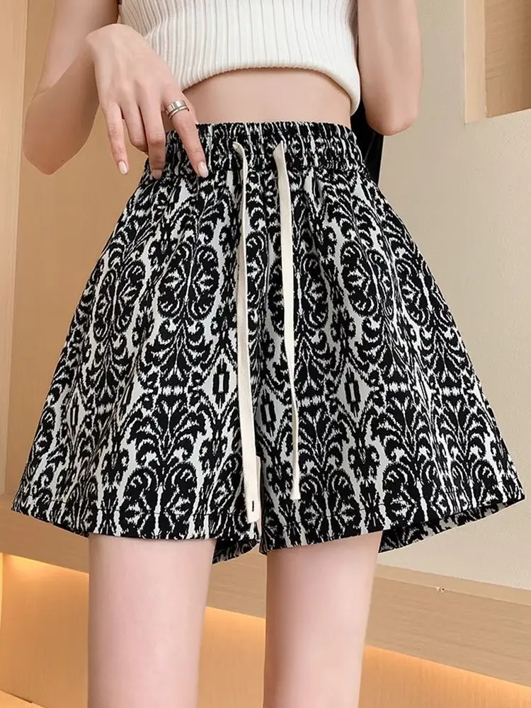 Chinesischen Stil Drucken Breite Bein Shorts für Frauen Dünne Sommer Lose Sport Freizeit 3/4 Hot Pants