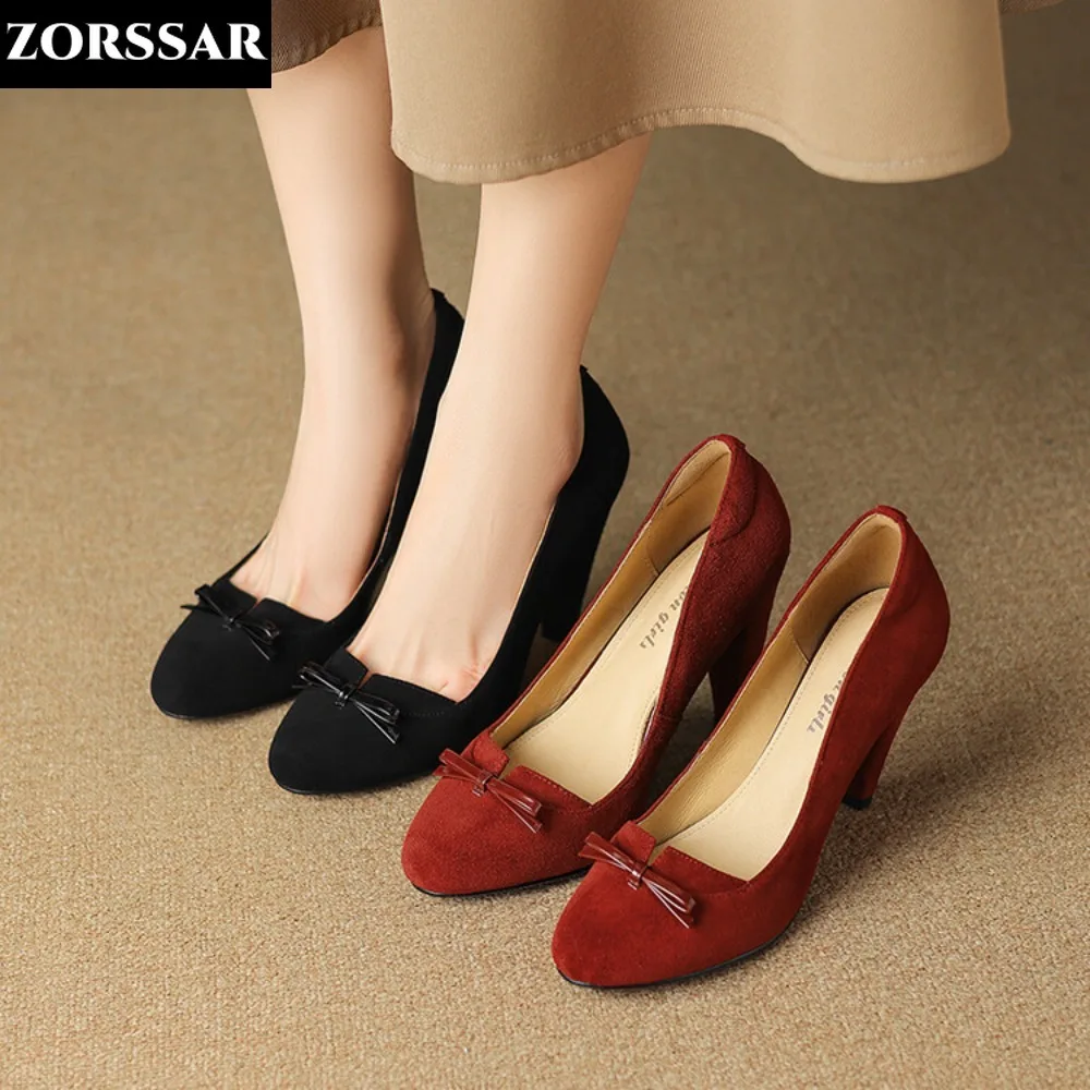 

Plus Size Women's Elegant Pumps Suede High Heels Dress Shoes Pointed Toe Bow Tie Boat Shoes Slip on Office Work Zapatos Mujer