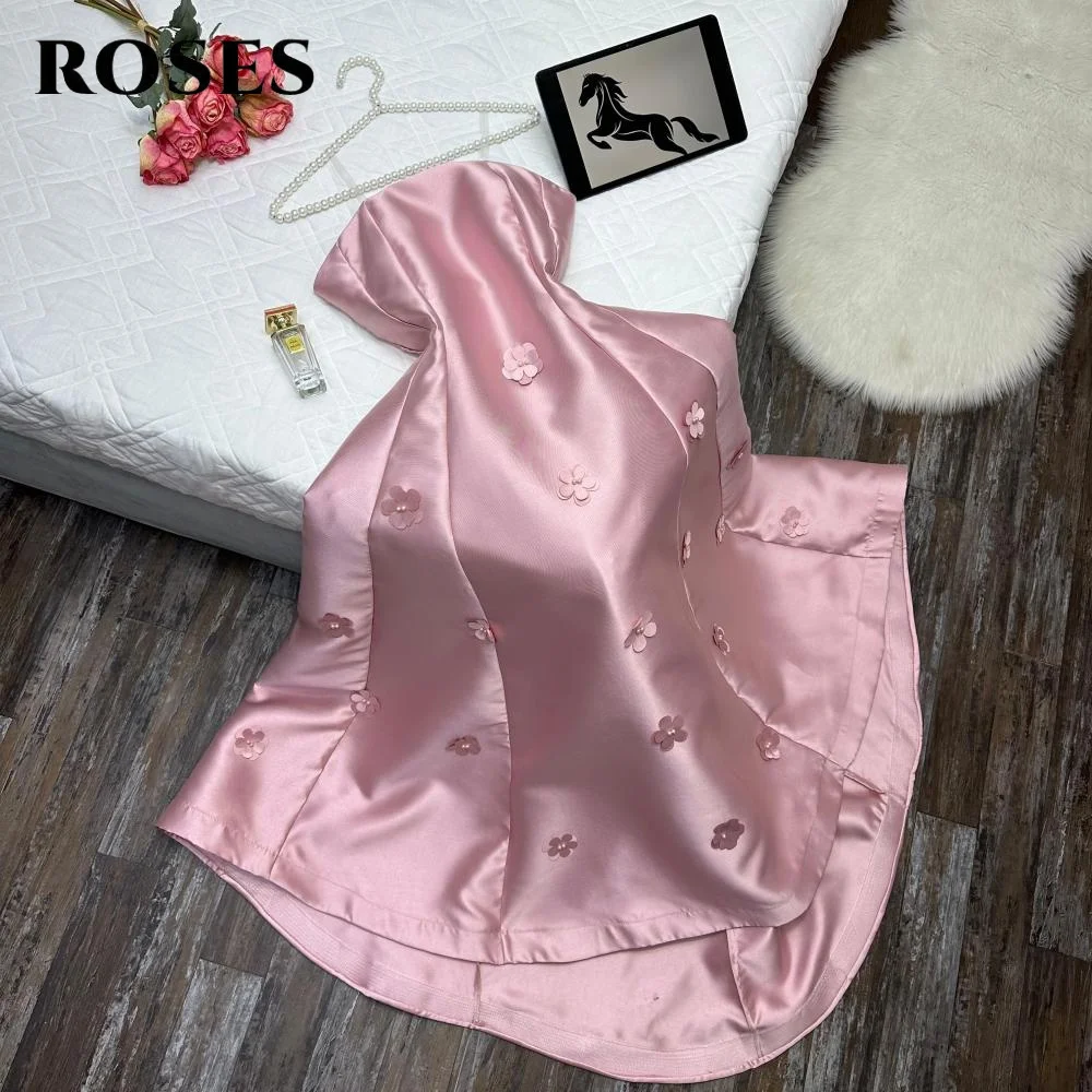 ROSES Roze Vlek Galajurk Strapless Elegante Celebrity Jurk met Applicaties 3D Bloem Plooien Dames Avondjurk Aangepast