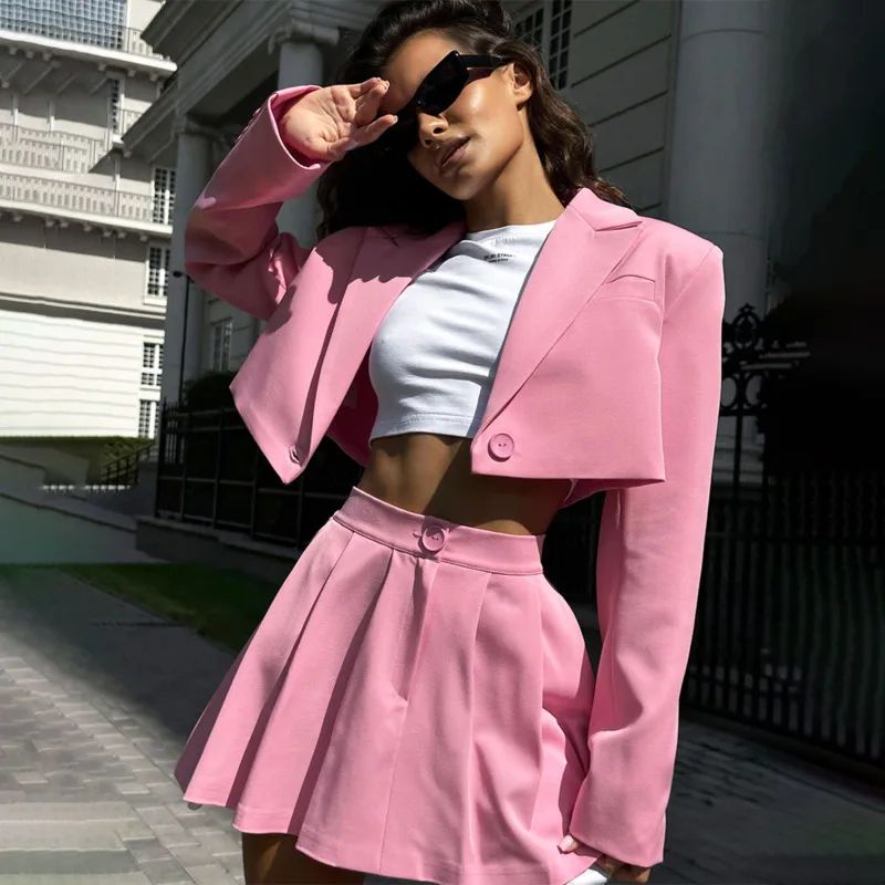 Women's Cropped Blazer And Mini Skirt Set Y2K Style Shoulder Pad Jacket With Button Front And Mini Skirt For Chic Street Fashion