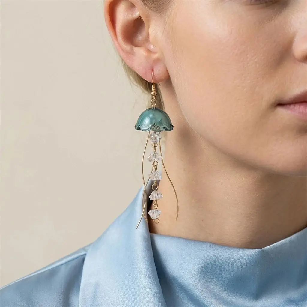 Dreamy Blue Jellyfish Tassel Charm Earrings for Women Handmade Crystal Long Pendant Earrings Summer Aesthetic Jewelry Gifts