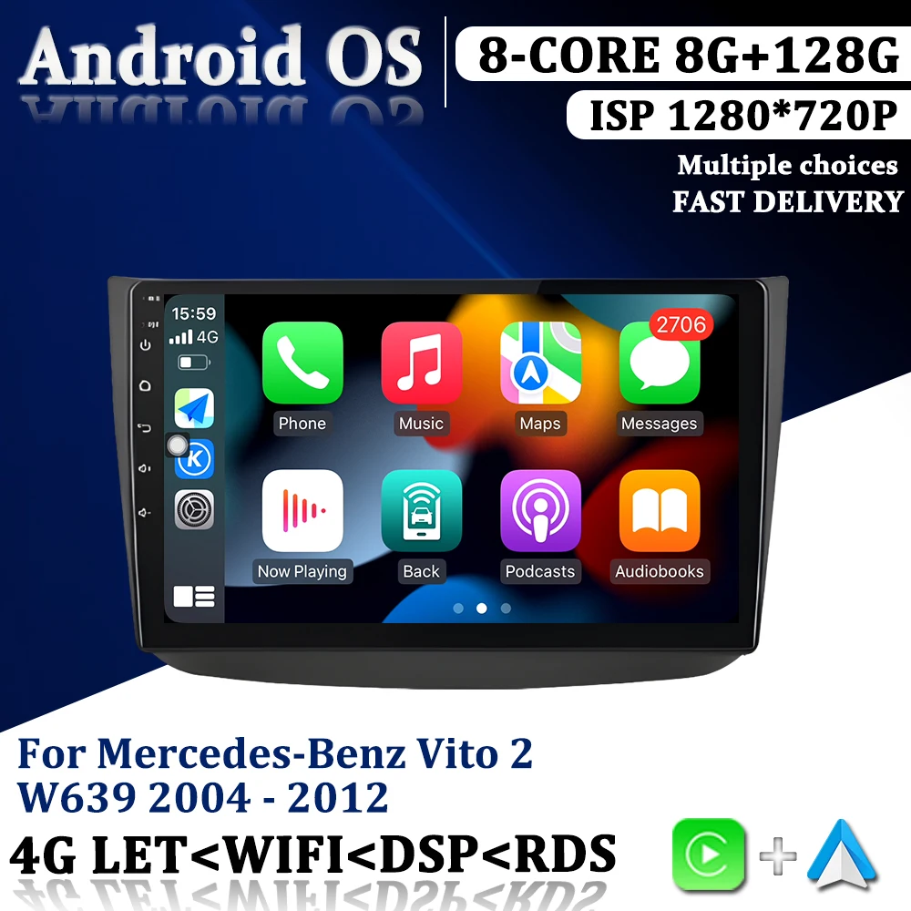 

10-дюймовая интеллектуальная система Android для Mercedes-Benz Vito 2 W639 2004-2012 гг., беспроводной автомобильный мультимедийный плеер CarPlay, GPS Navi WIFI
