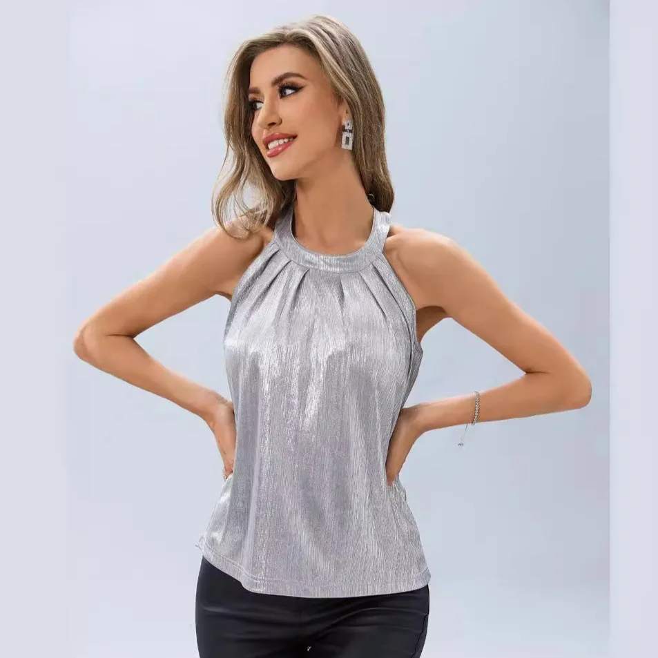 

Women's Summer Tops Halterneck Sleeveless Sexy Fashion Gold Stamping Vest 2024 Solid Color Halter Top Women Clothes sexy top