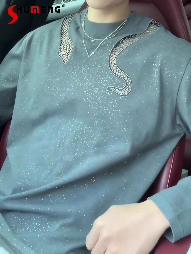 

Men's 2025 Autumn Winter New Snake Pattern Hollow Out Sequin Long Sleeve Tees Loose Comfort Versatile High-End Personality Tops