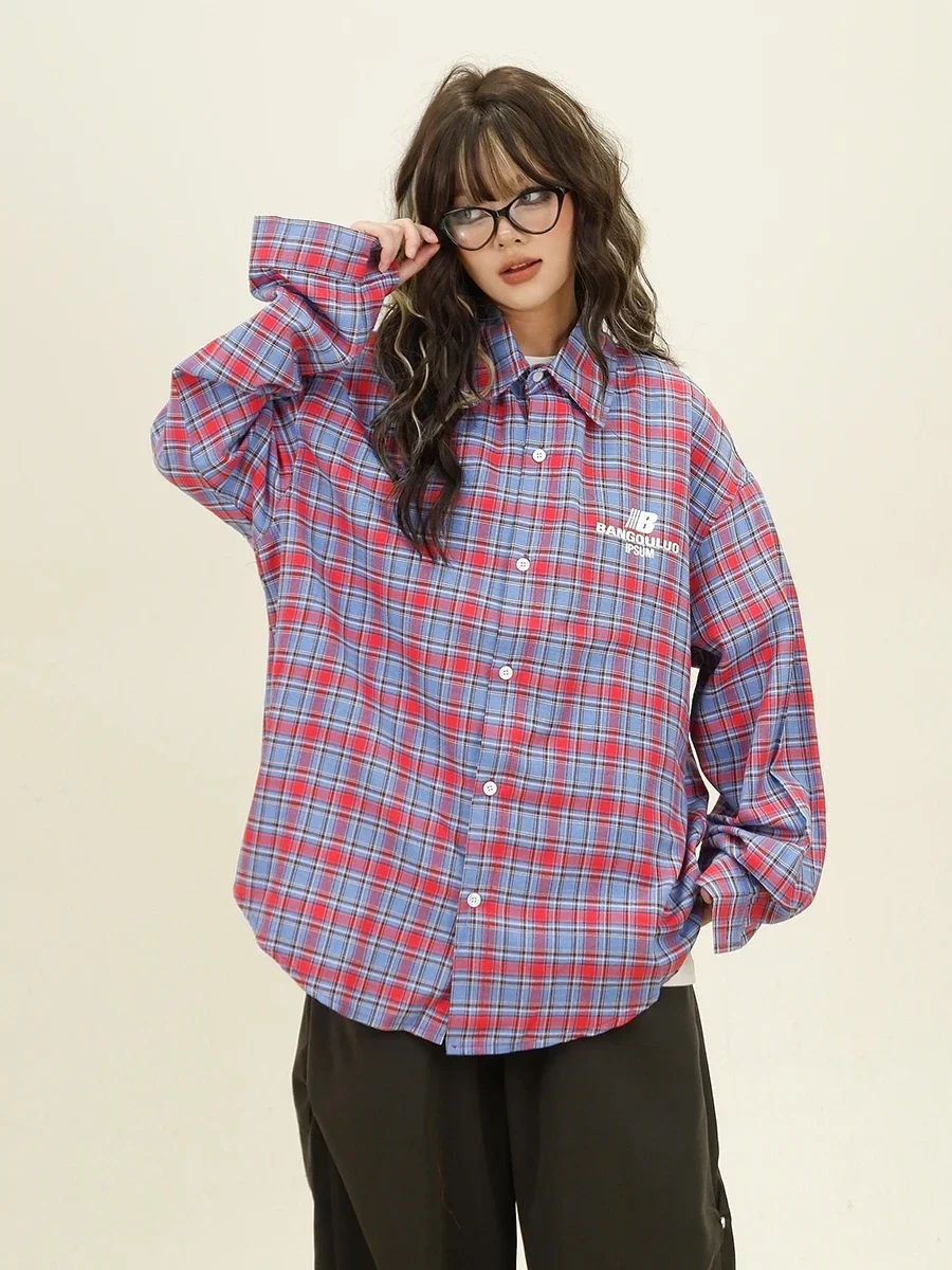 Plaid Long-sleeved Shirts Women's 2024 Autumn New Loose Bf American College Style Couple Versatile Top blouse