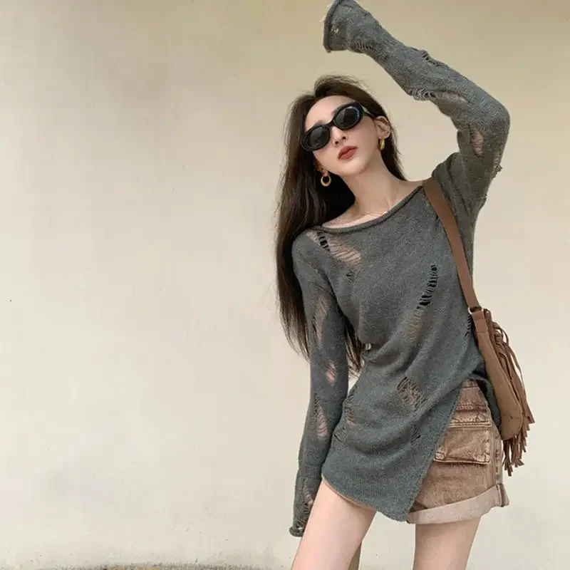 Slash Neck Hollow Out Knitted Sweater Women Loose Sweet Y2k Aesthetic Jumpers Japanese Casual Split Pullovers Trendy Tops Shirts