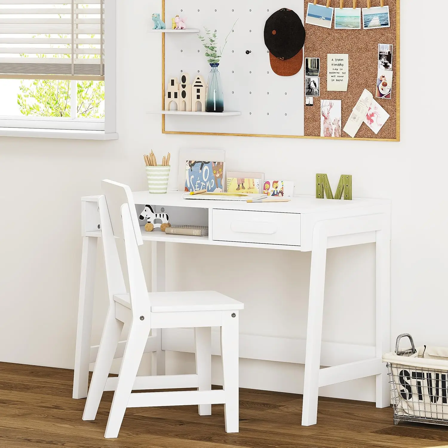 Kids Desk and Chair Set, Study Desk for Kids with Drawers, Wooden Children Study Table, Student Writing Desk Computer Workstatio