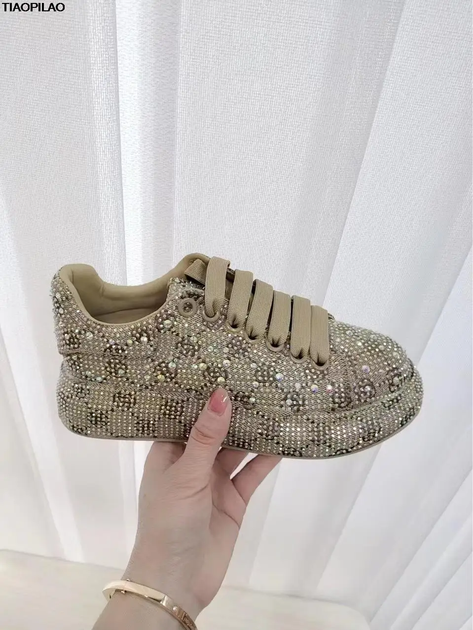 

Spring 2024 New Khaki Crystal Women's Sneakers Fashion Versatile Casual Ladies Party Shiny Female Shoes