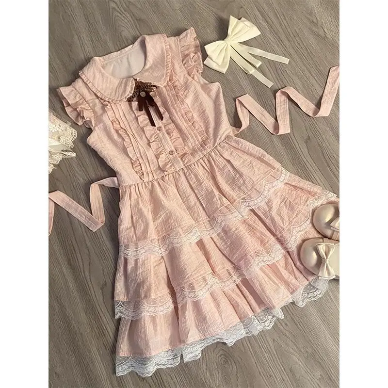 Japonês doce vestido de verão feminino rendas retalhos rosa em camadas bolo vestido lolita inspirado bonito laço peter pan colarinho vestidos