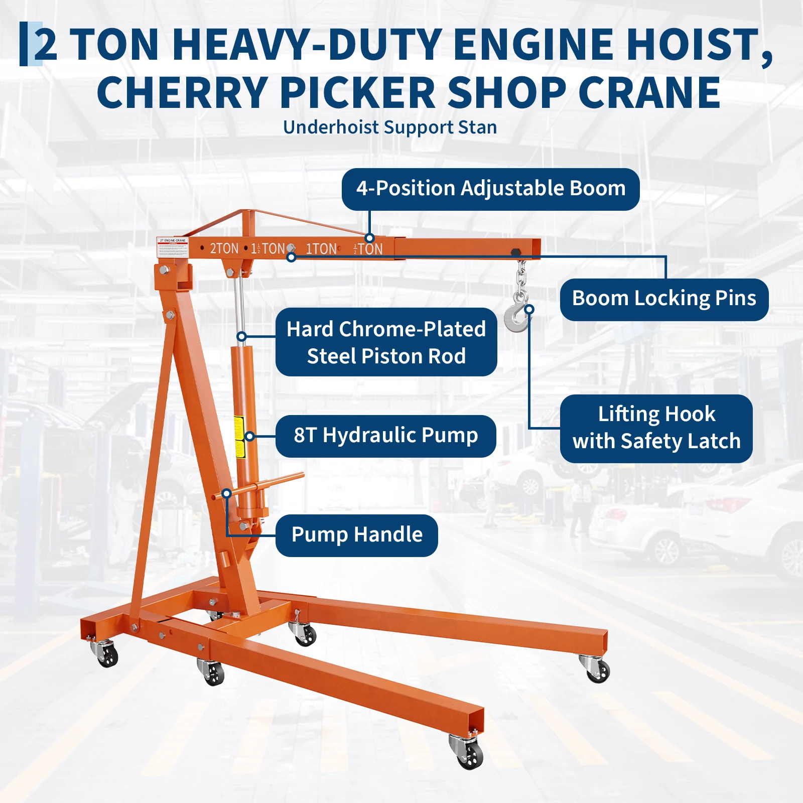 Heavy Duty 2 Ton Folding Hydraulic Engine Hoist & 3/4 Ton Underhoist Support Stand, Steel Shop Crane Cherry Picker, 4-Position Adjustable Boom, High-Reach Engine Support Bar