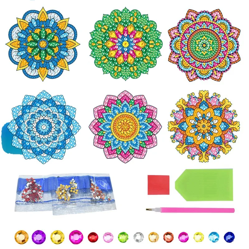 6 Pcs DIY Diamond Painting Window Clings Mandala Stained Glass Kits Crafts Window Stickers DIY Diamond Art Accessories