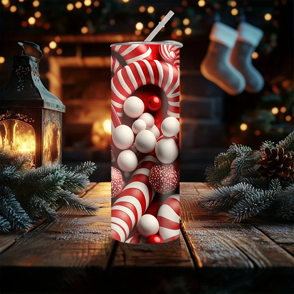 1pc 20oz Stainless Steel Insulated Tumbler with Straw, Featuring a Candy and Candy Cane Pattern, Suitable for Car, Home, and Daily Use, a Gift for Family and Friends