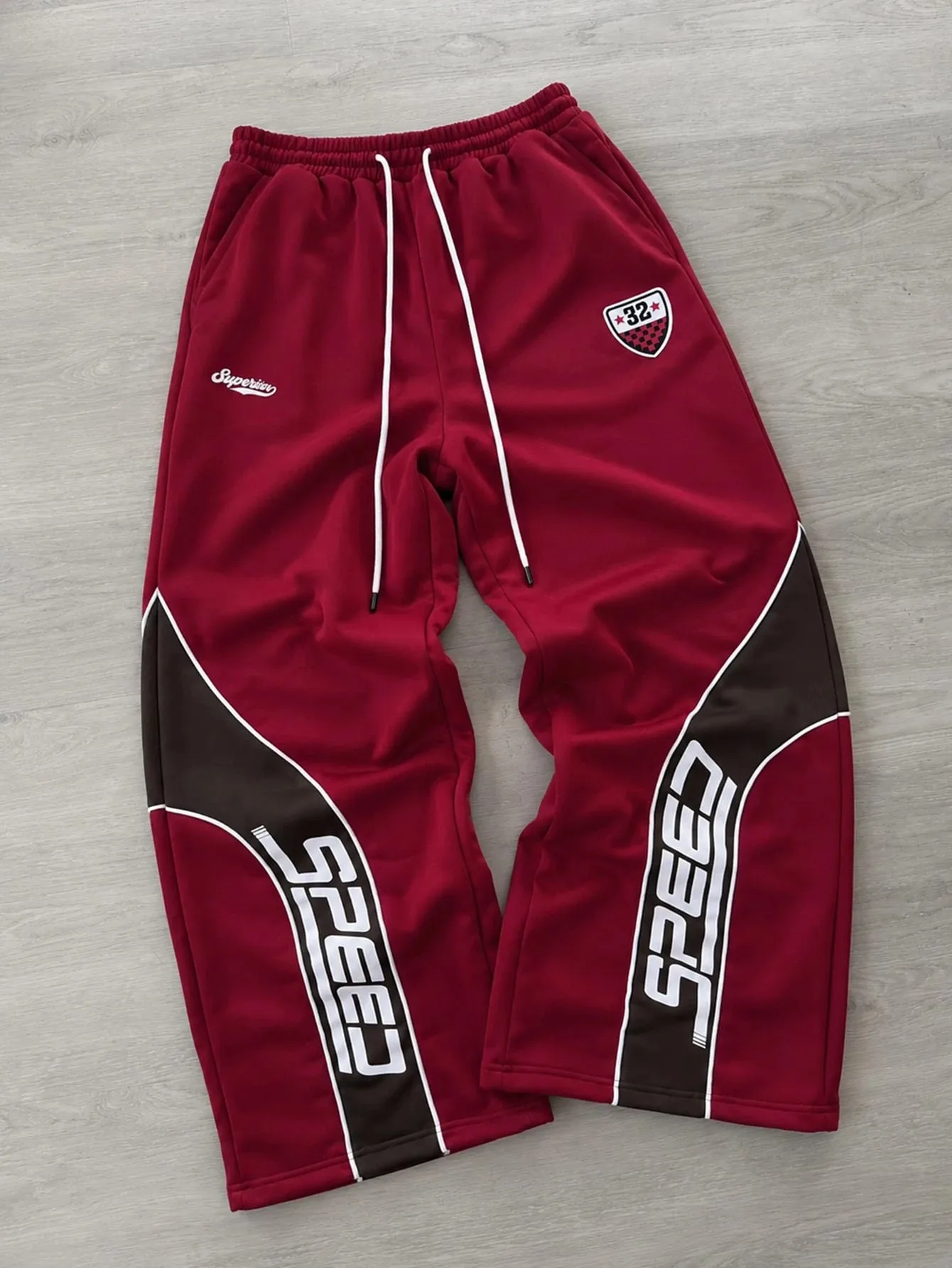 Men's Racing Style Color Blocked Wide Leg Sports Pants Burgundy SPEED Letter Printed Loose Retro Racing Street Casual Pants