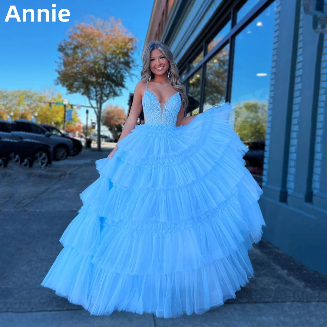 

Annie Lace Embroidery Prom Dresses Light Blue V-neck Tulle Evening Dresses Ladies Formal Dinner Party Dresses 2024Wedding Dress