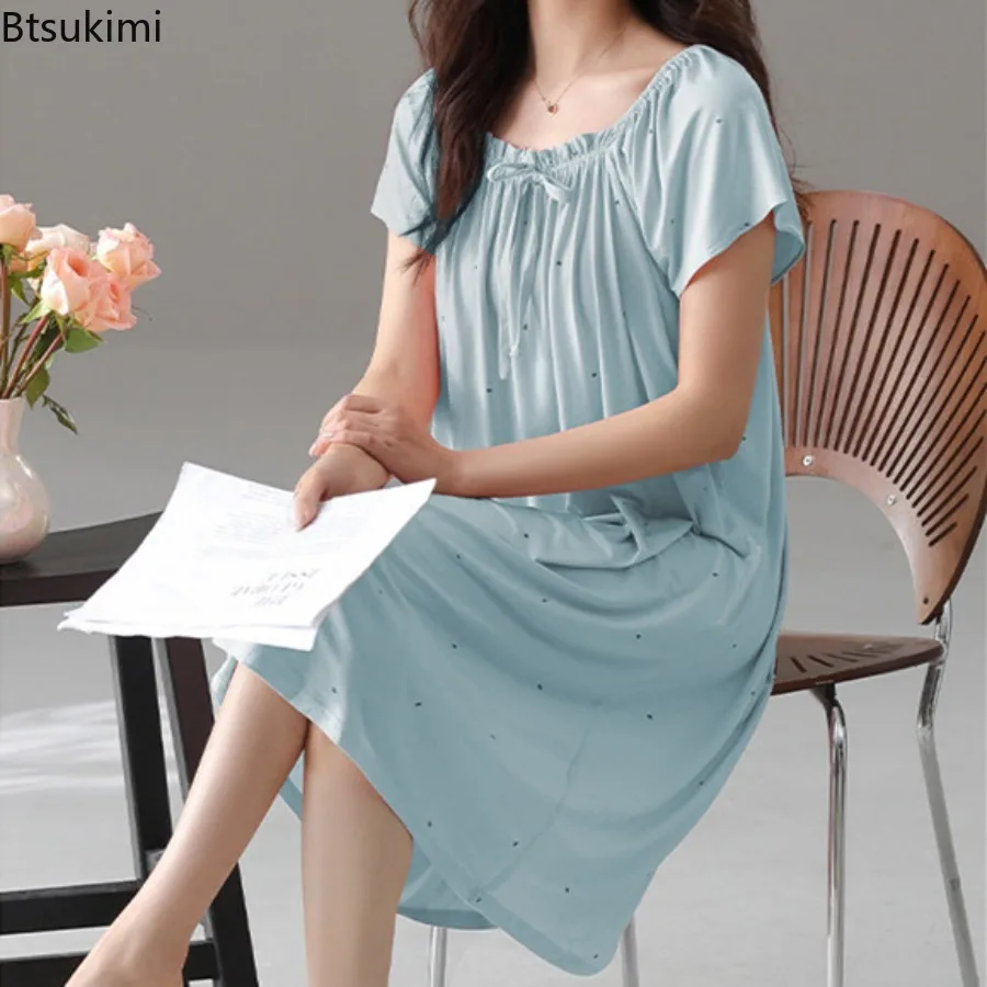 New 2025 Summer Modal Women's Pajama Dress Loose Short Sleeve Dot Ruffle Nightdress Sleepwear Home Wear Lace Up Nightgown Female