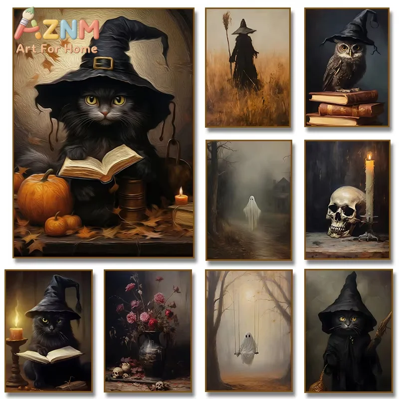 1 Stück Halloween-Eule Schwarze Katze beim Lesen eines Buches Geister-Poster Leinwanddruck Wandbild für Wohnzimmer Heimdekoration