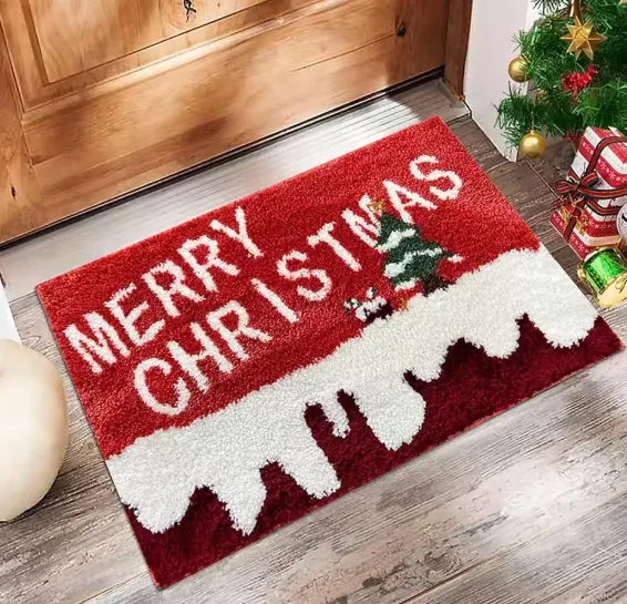 Merry Christmas Shaggy Welcome Doormat, Red Snow Ice Pattern Non Slip Front Door Mat Decorative Rug for Entryway Indoor Home
