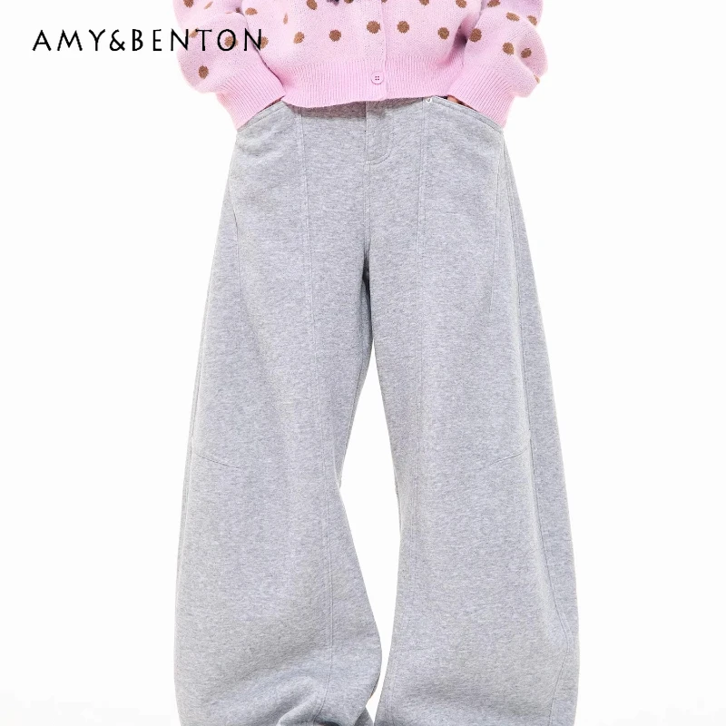 

American Retro Embroidered Wide-Leg Women's Sweatpants Autumn Winter New Design Loose Versatile Gray Sports Casual Pants Ladies