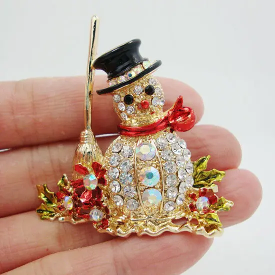 Fashion Luxury Lovely Christmas Snowman Besom Flower Brooch Pin Clear Rhinestone Crystal  Party Casual Brooch Pin Gifts