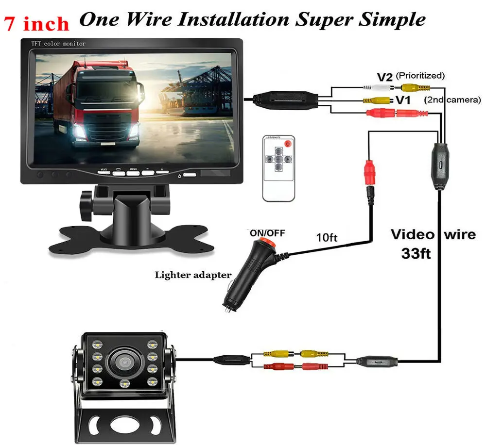 

7" Monitor Rear View Backup Camera System For Semi Box Truck RV Caravan 12-24V