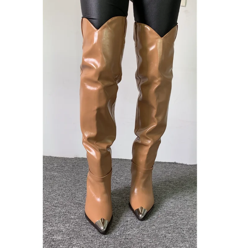 Metal Pointed Toe Thigh High Boots for Women Sexy Rivet Stud Slip On Women\'s High Boots Tassel Decor Spike High Heel Botas Mujer