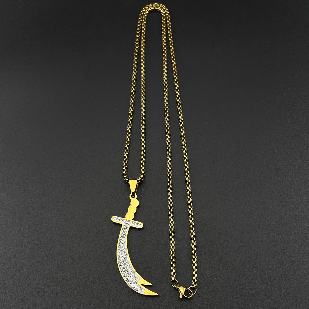 Islamic Imam Ali Zulfiqar Sword Pendant Necklace for Women Men Stainless Steel Gold Color Full Rhinestones Arabic Chain Jewelry - view 5