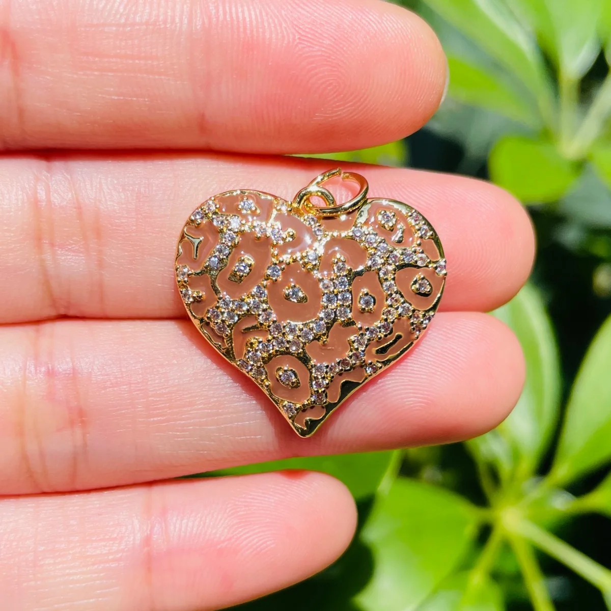 5pcs Enamel Brown Leopard Print Heart Charms for Women Bracelet Girl Necklace Making Zirconia Pave Pendants for Jewelry Handmade
