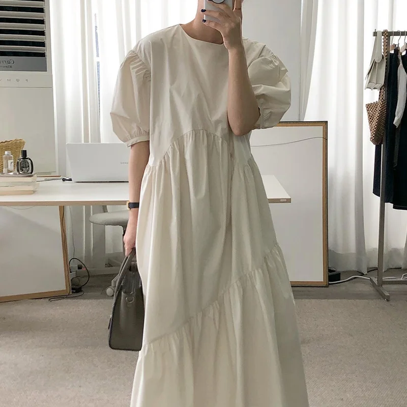 Vestido Longo Estilo Coreano com Design em Camadas E, Ajuste Confortável, Cor Pura, Gola Redonda, Manga Bufante Solta ...