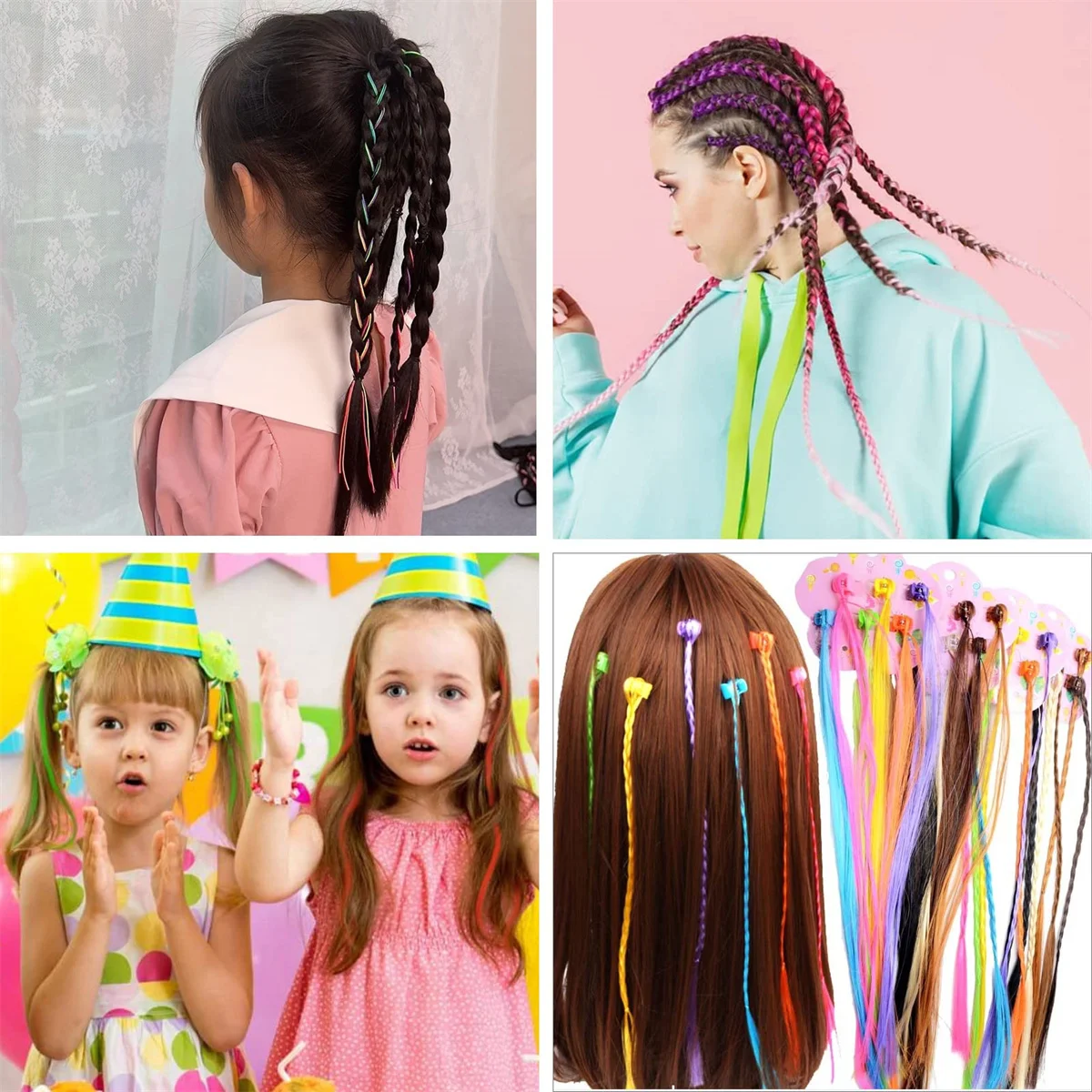 

6Pcs/Set Colorful Braids Hair Extensions with Hair Clips Girls Rainbow Braided Ponytail Hairpieces Hair Accessories for Kids