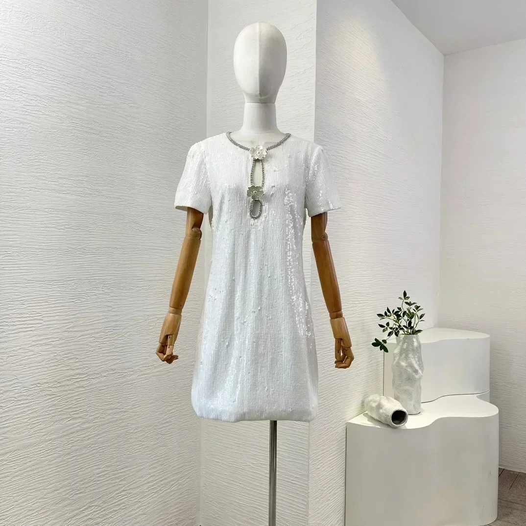 2024 Summer High Quality White Short Sleeve Flowers Appliqued Mini Dress for Women