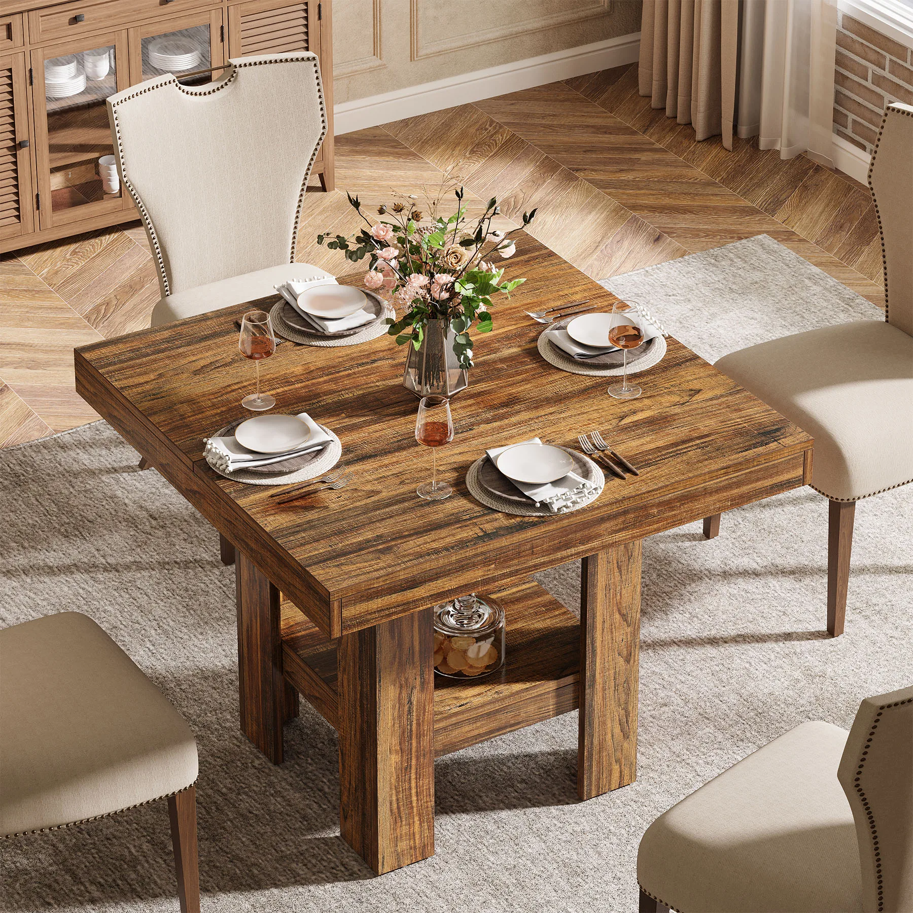 # Square Dining Table for 4 People, Farmhouse Wooden Kitchen Table, 2 Person Dinning Table for Dining Room