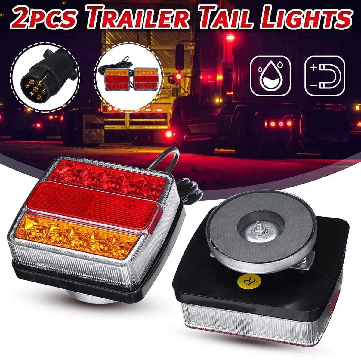 

2pcs 12V Magnetic LED Truck Tail Light Rear License plate Light Warning Brake Lamp Signal Trailer Caravans Campers ATV Boat