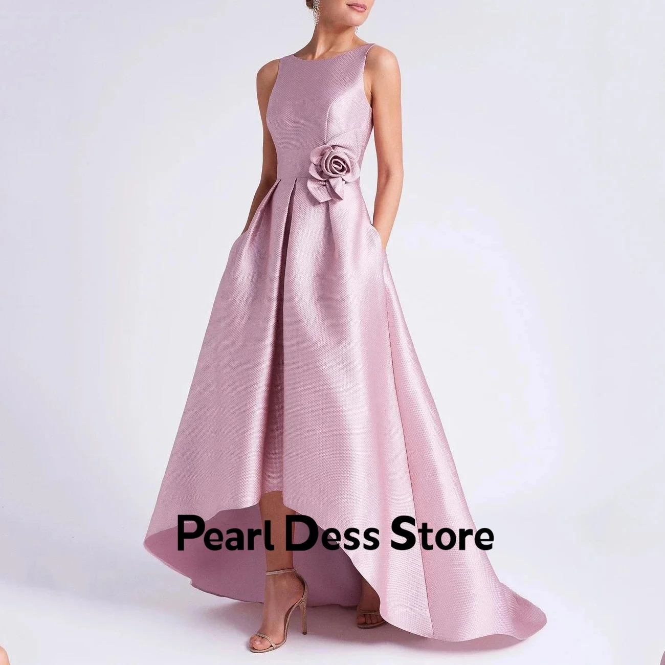 2024 Women's Satin Flower Party Dress Elegant Evening Dress High and Low Jewel Formal Birthday Dress