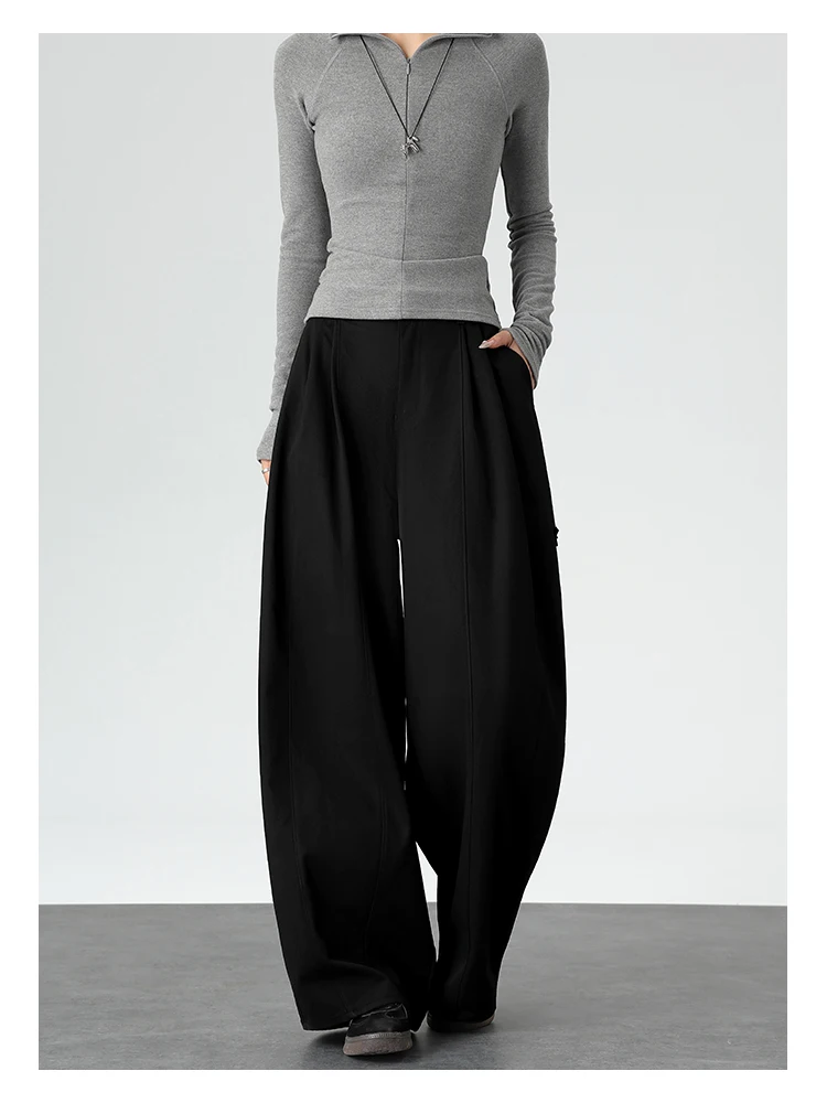 Harajuku Einfarbige Damen-Weitbein-Hose mit Hoher Taille, Übergroße Drapierte Jogginghose mit Elastischem Bund und Taschen für Herbst und Winter – Detail 19