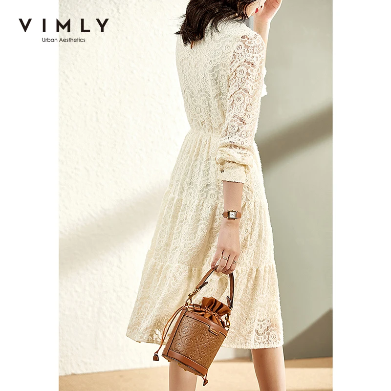 VIMLY Fashion temperament lace dress Women 2021 autumn and winter Long Sleeve brushed black Long Dresses Female Vestido V0186