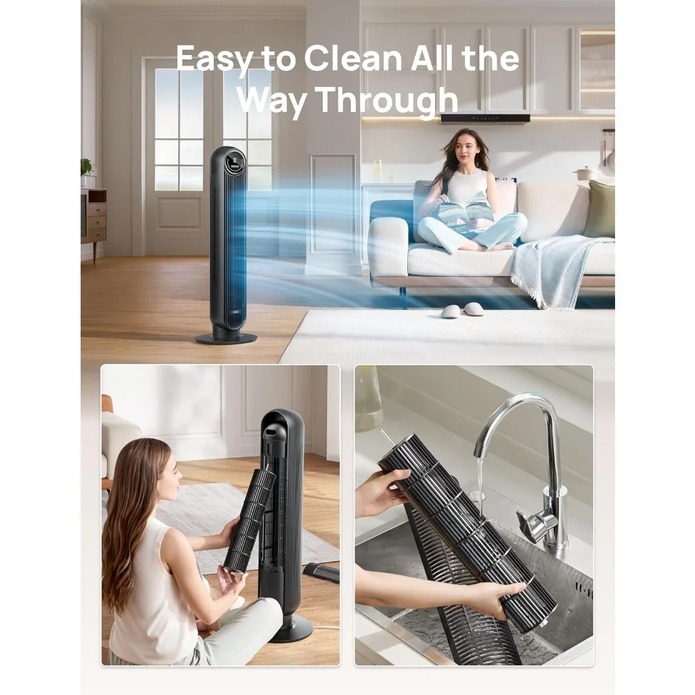 مروحة برجية لغرفة النوم، سرعة 25 قدم/ثانية، مروحة أرضية هادئة 28 ديسيبل، للداخل مع 4 سرعات، 4 أوضاع، مؤقت 8 ساعات، أسود